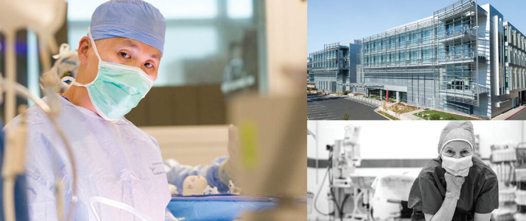 Collage of Dr. R. James Yu, a staff nurse and the western facing side of MarinHealth Medical Center.